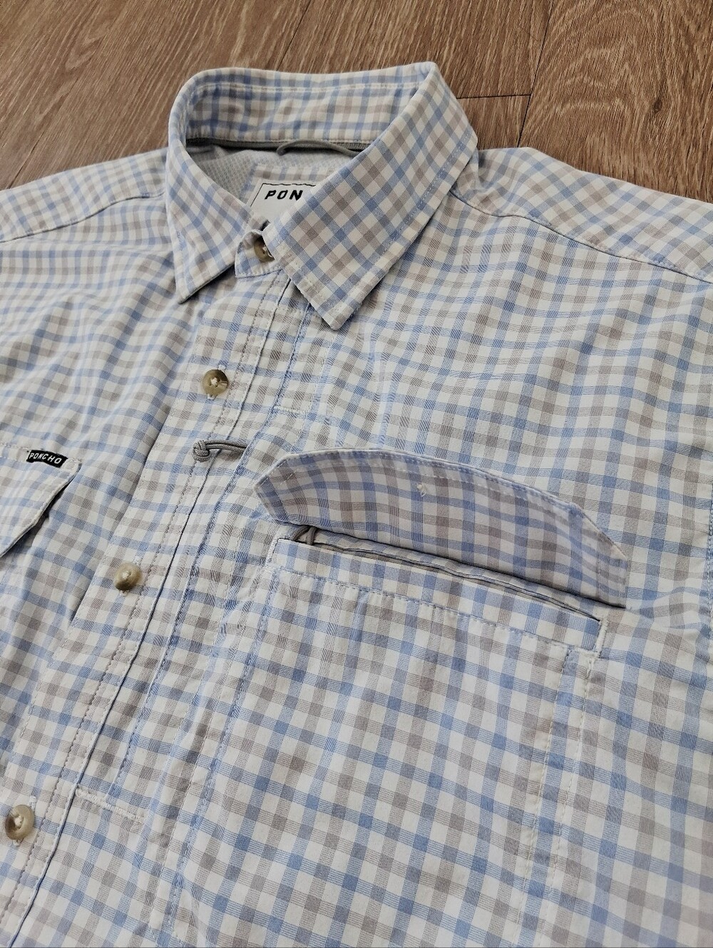 Poncho The Channel Cat Original SS Shirt Blue And Grey Plaid Performance Nylon - Picture 8 of 15